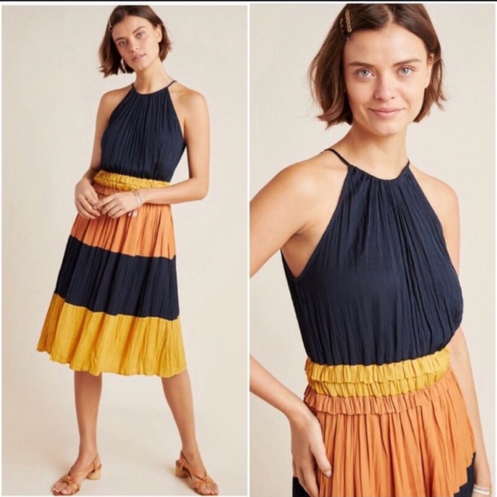 Elegant Navy and Mustard Midi Dress